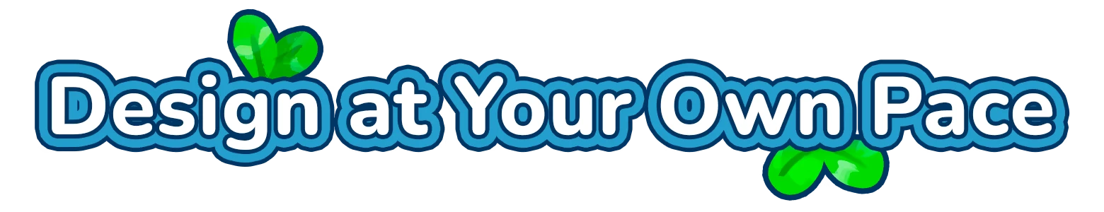 Design Slogan – Hokko Spaces Hokko Spaces: Blue-outlined white text reading “Design at Your Own Pace” with leaves.