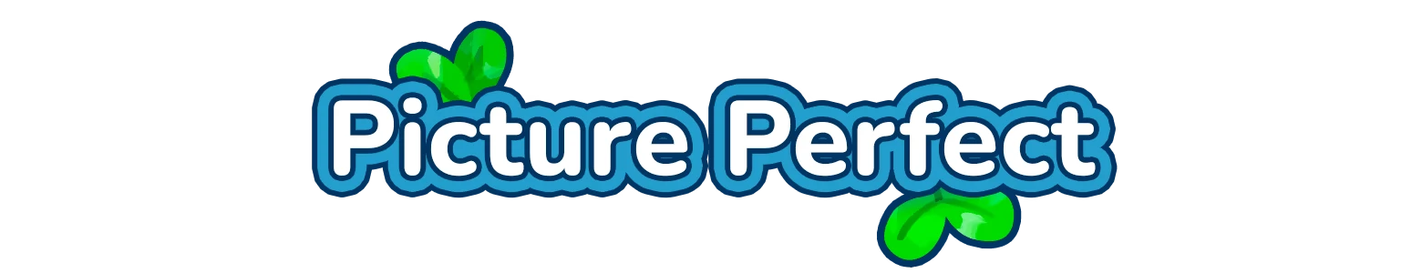 Picture Perfect Logo – Hokko Spaces Hokko Spaces: “Picture Perfect” text in white with blue outline and green leaves.