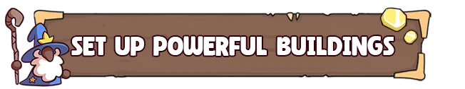Hold The Mine: Cartoon wizard with staff beside text "Set Up Powerful Buildings" on wooden sign.