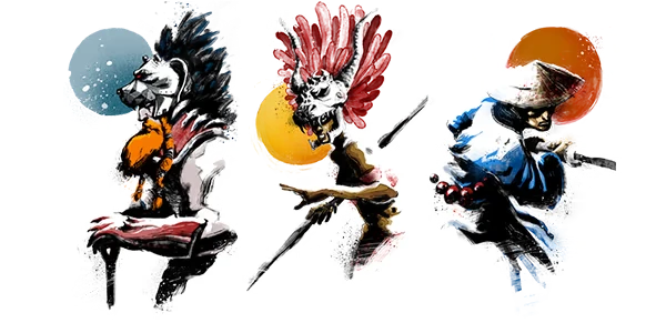 HOLMGANG: Three stylized warriors with colorful backgrounds; bear, horned figure, and swordsman.