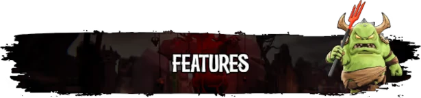 Holy Shoot: A green demon with horns holds a red trident beside bold white text "FEATURES".