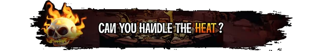 Holy Shoot: Flaming skull beside text "CAN YOU HANDLE THE HEAT?" over a dark, rocky background.