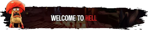 Holy Shoot: Cartoon mushroom character beside "WELCOME TO HELL" text in bold white and red.