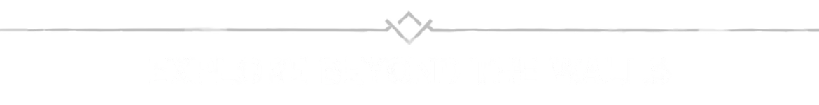 Hordeguard: White serif text reading “EXPLORE BEYOND THE WALLS” on black.