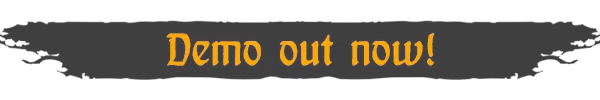 Demo Out Now – Hordes of Fate : A Hand of Fate Adventure Hordes of Fate: Bold yellow text "Demo out now!" on a black, brush-stroke background.