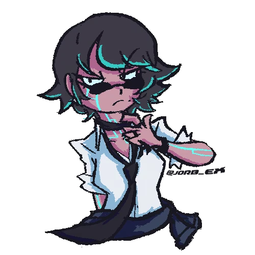 Character Portrait – HOSTYLE HOSTYLE: Animated character with teal highlights, wearing a white shirt and tie, looking serious.