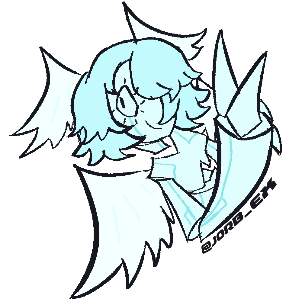 Character Wings – HOSTYLE HOSTYLE: Light blue character with spiky hair, large wings, and angular armor, facing right.