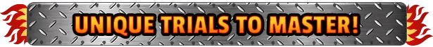 Hot Rod Mayhem: "Unique Trials to Master!" text on a metal plate with flame accents.