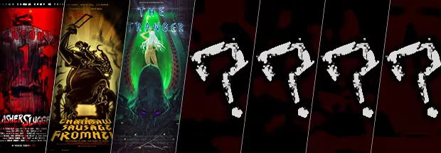 HOTEL BARCELONA: Three stylized posters, two with text, and three panels with white question marks.