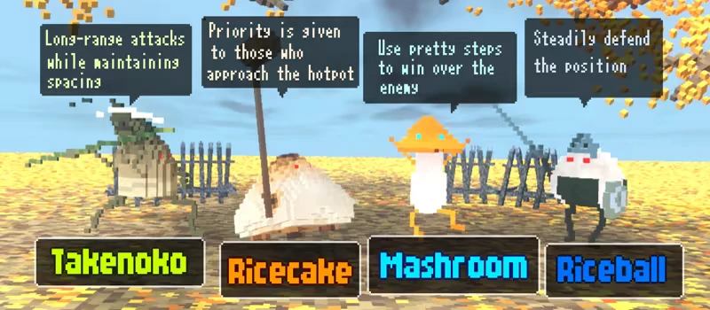 HOTPOT DEFENSE: Pixelated characters with speech bubbles and names: Takenoko, Ricecake, Mushroom, Riceball.