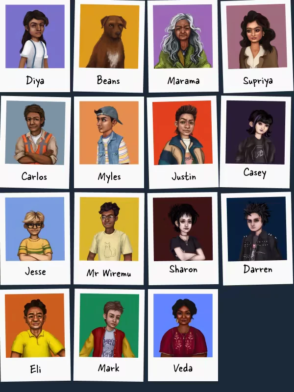 How Was Your Day?: A grid of character portraits with names, including a dog named Beans.