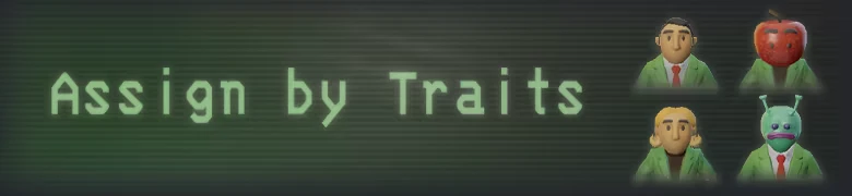 HR.SOS: Green text “Assign by Traits” with four employee portrait icons on right.