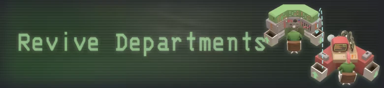 HR.SOS: Green pixel text “Revive Departments” beside two isometric office desks.