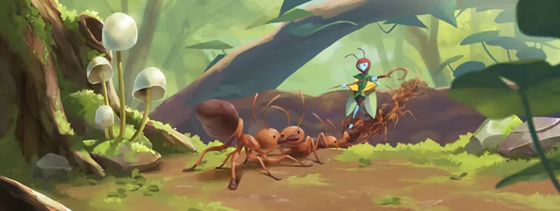 Ant Herding – Humbug Tales: Keeper of the Swarm Humbug Tales: Ants march through a lush forest, led by a small figure with insect wings.