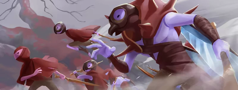Ant Warriors – Humbug Tales: Keeper of the Swarm Humbug Tales: Ant-like creatures in red cloaks wield spears, running through a misty landscape.