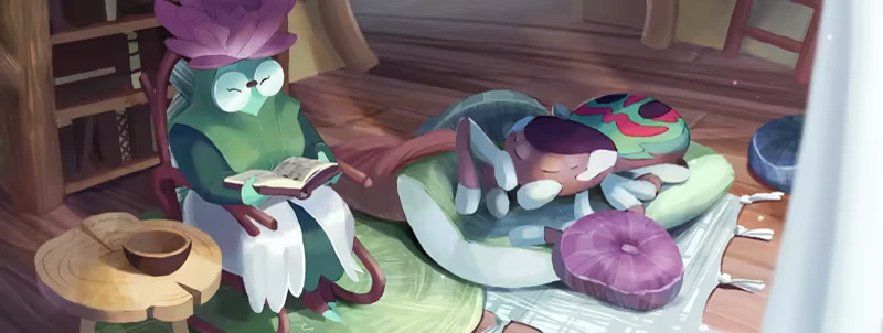 Reading Nook – Humbug Tales: Keeper of the Swarm Humbug Tales: Green bug reads book in cozy room, while colorful bug naps on cushions nearby.