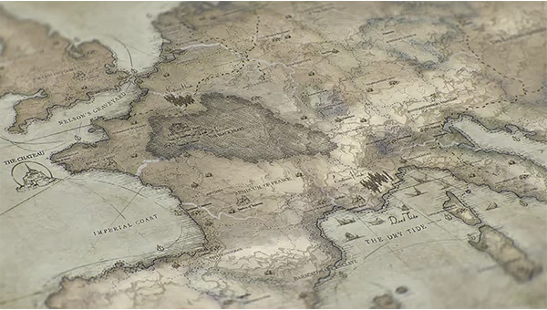 Europe Map – HUNGER HUNGER: Sepia map of Europe with labels “THE CHATEAU,” “IMPERIAL COAST,” “THE DRY TIDE”.