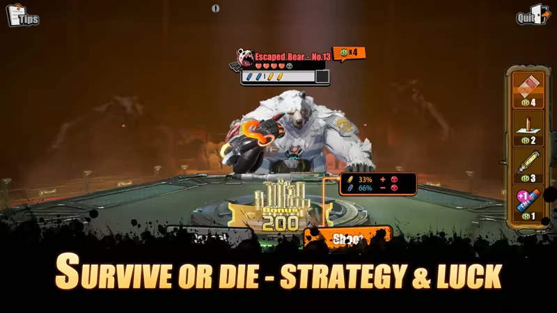 Hunter Roulette: A white bear with a robotic arm faces the player. Text reads "Survive or Die - Strategy & Luck."
