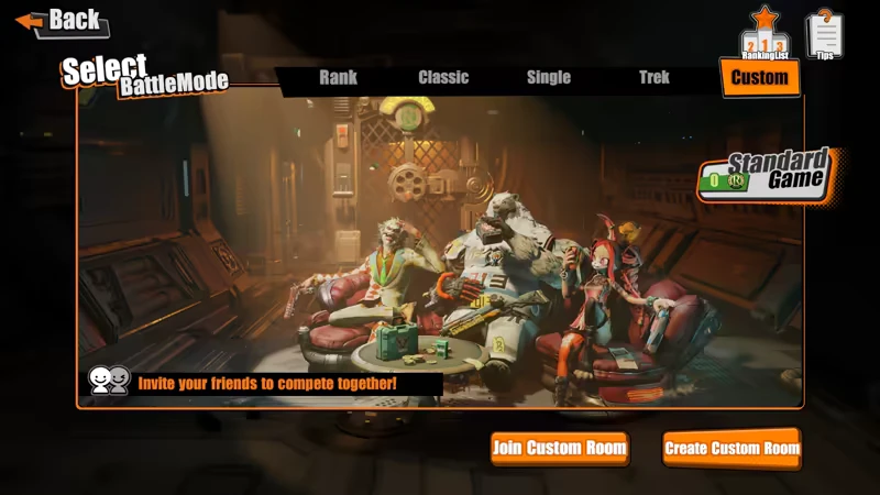 Hunter Roulette: Characters lounge with weapons in a dim room; "Select BattleMode" menu visible.