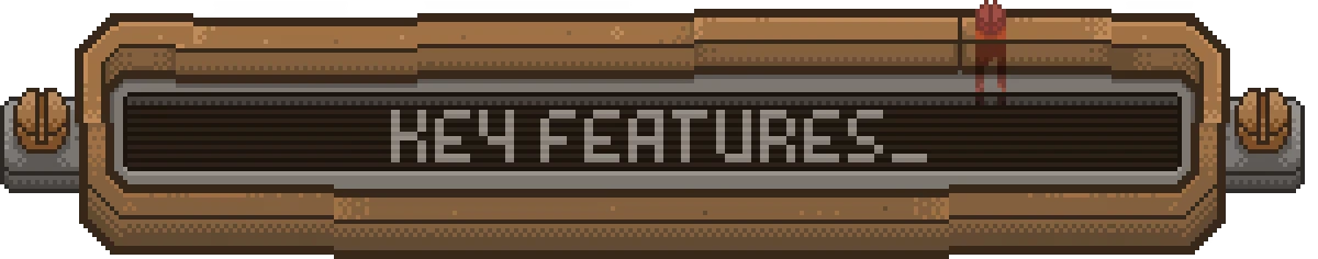 Husk Protocol: Pixel UI banner with bold gray text “KEY FEATURES_” on brown frame.