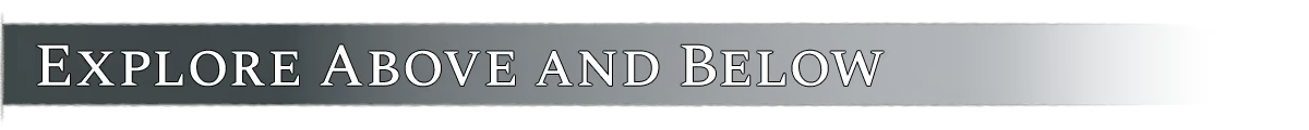 HYDROPUNK: White serif text “EXPLORE ABOVE AND BELOW” on a dark blue banner.