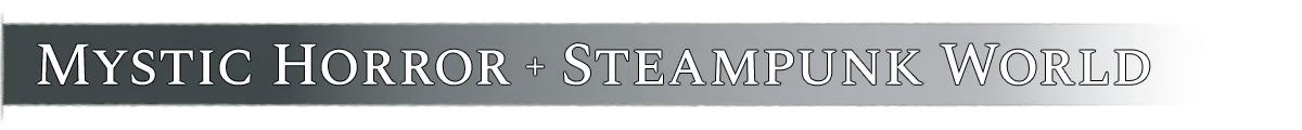 HYDROPUNK: Banner text “MYSTIC HORROR + STEAMPUNK WORLD” in white serif on dark bar.