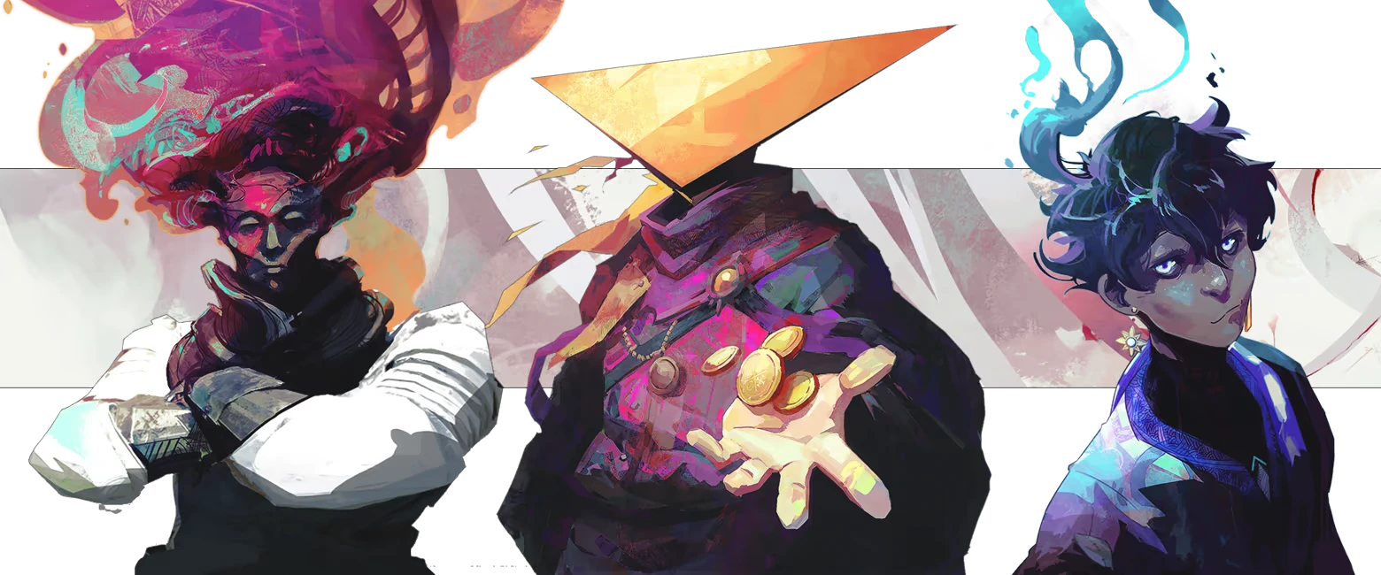 HYPNOS: Three stylized figures; center wears a pyramid hat, offering gold coins.