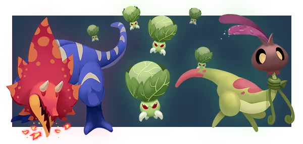 I'm Not Jelly: A red-blue dinosaur and green plant creatures with red eyes on a dark background.