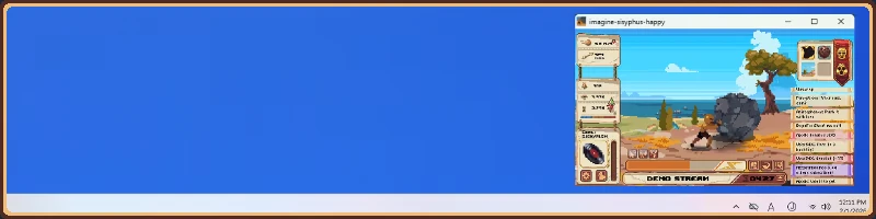 Imagine Sisyphus Happy: Pixel man pushes boulder; UI panels and “DEMO STREAM” bar.