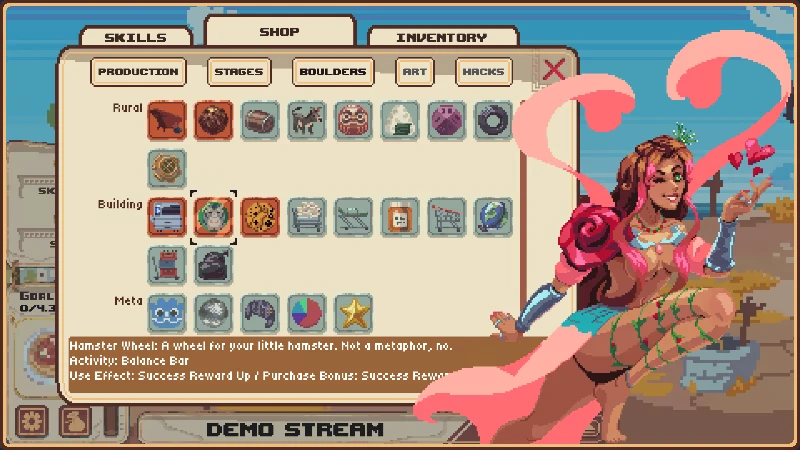 Imagine Sisyphus Happy: Shop menu with item icons; pink-haired woman and hearts, “DEMO STREAM”.