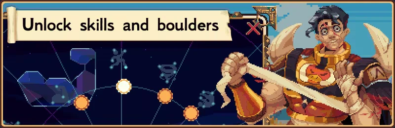Imagine Sisyphus Happy: Banner reads “Unlock skills and boulders” with pixel hero holding sword.