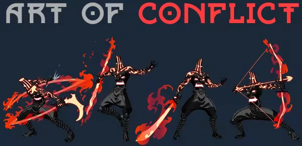 IMMORTAL: Four masked warriors wield flaming weapons under the bold text "ART OF CONFLICT".