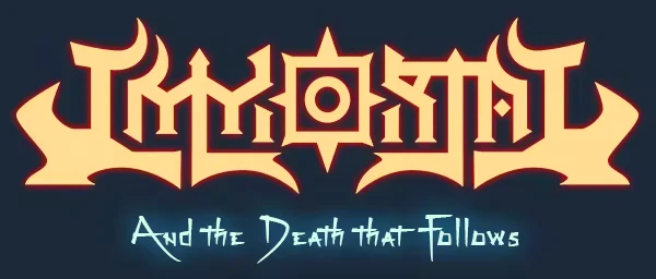 IMMORTAL: Stylized yellow title text with sharp edges, subtitle in blue script below.