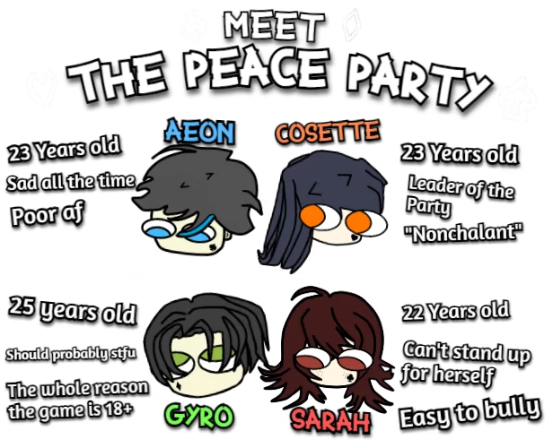 Immortal Boy: "Meet the Peace Party" shows Aeon, Cosette, Gyro, and Sarah with quirky traits.