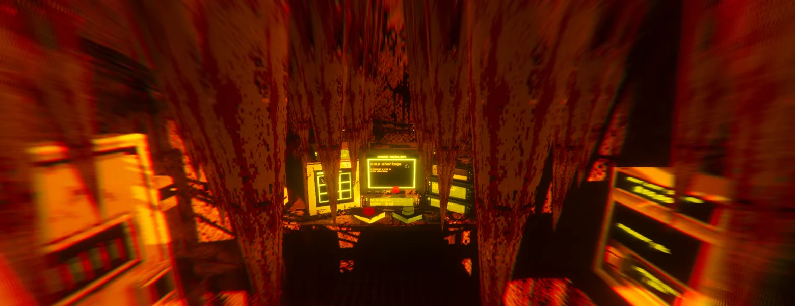 In that case...: Blood-streaked corridor view toward glowing yellow computer monitors and panels.