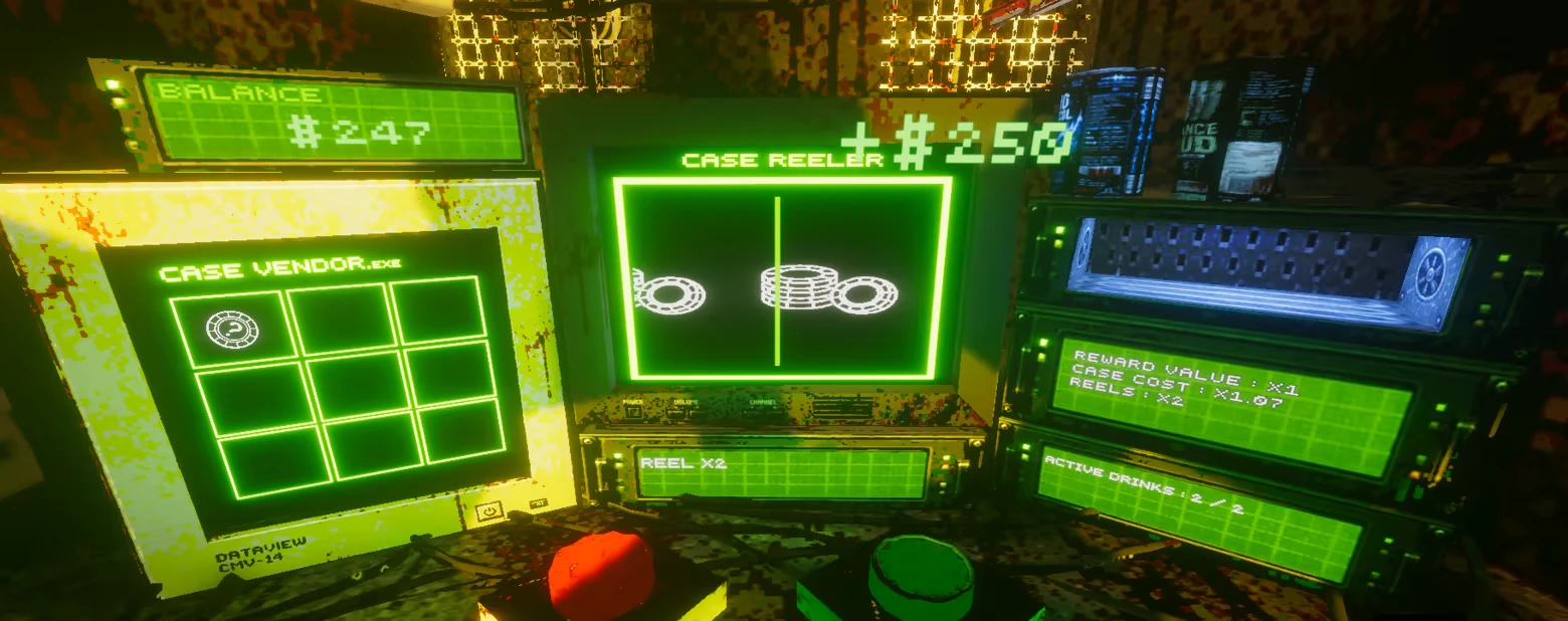 In that case...: Green CRT screens show BALANCE #247 and CASE REELER #250 UI.
