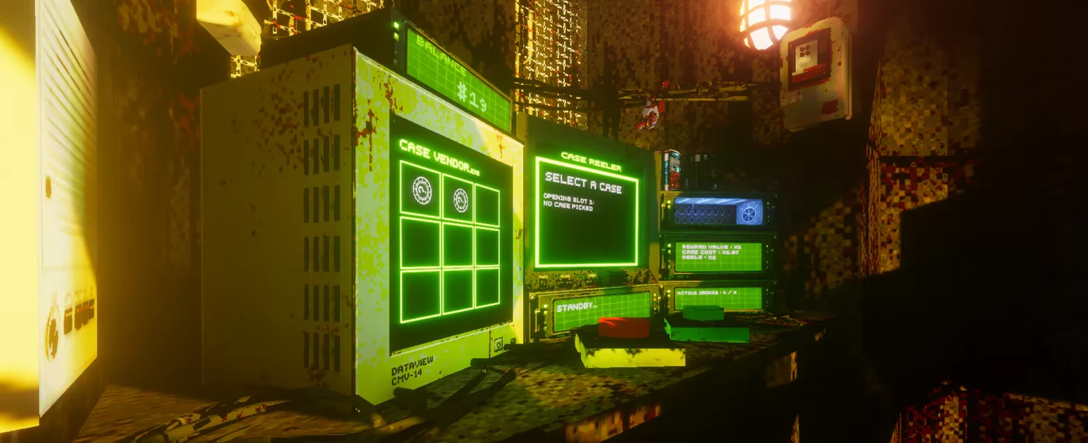 In that case...: Green CRT screens show “SELECT A CASE” beside a case vendor grid.