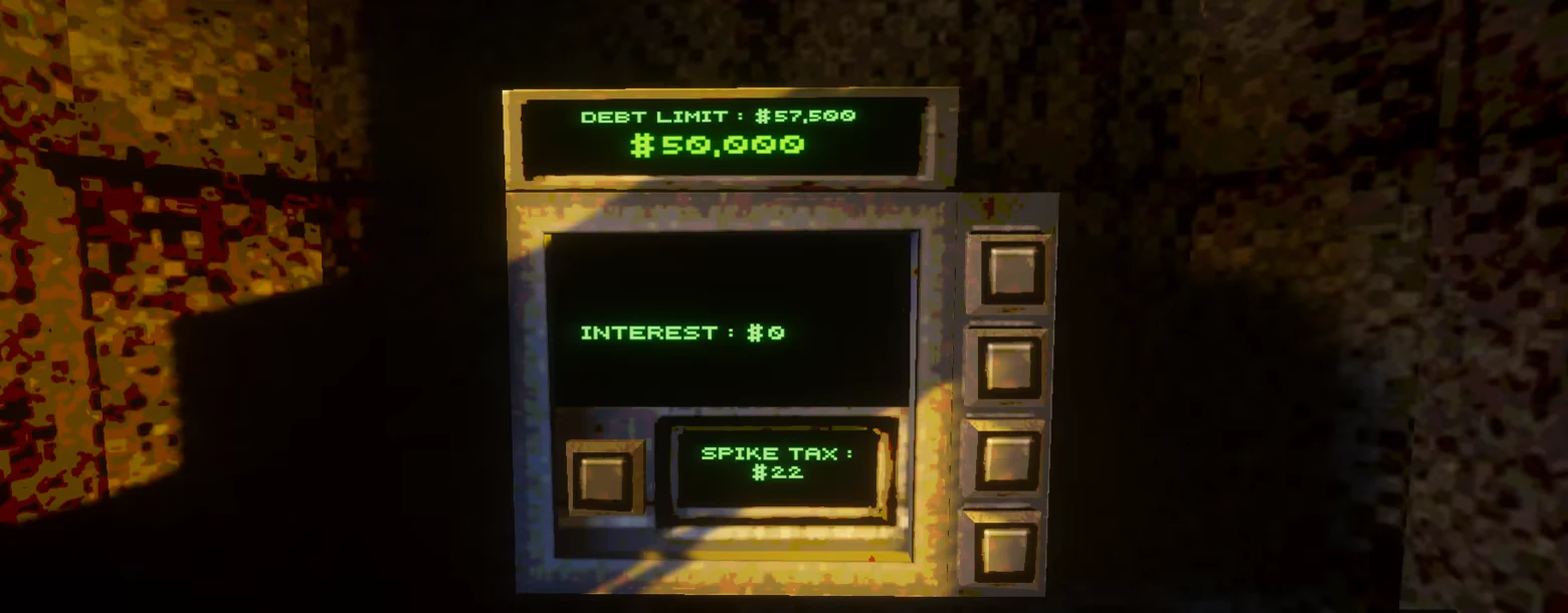 In that case...: Green text debt screen shows $50,000, interest $0, spike tax $22.