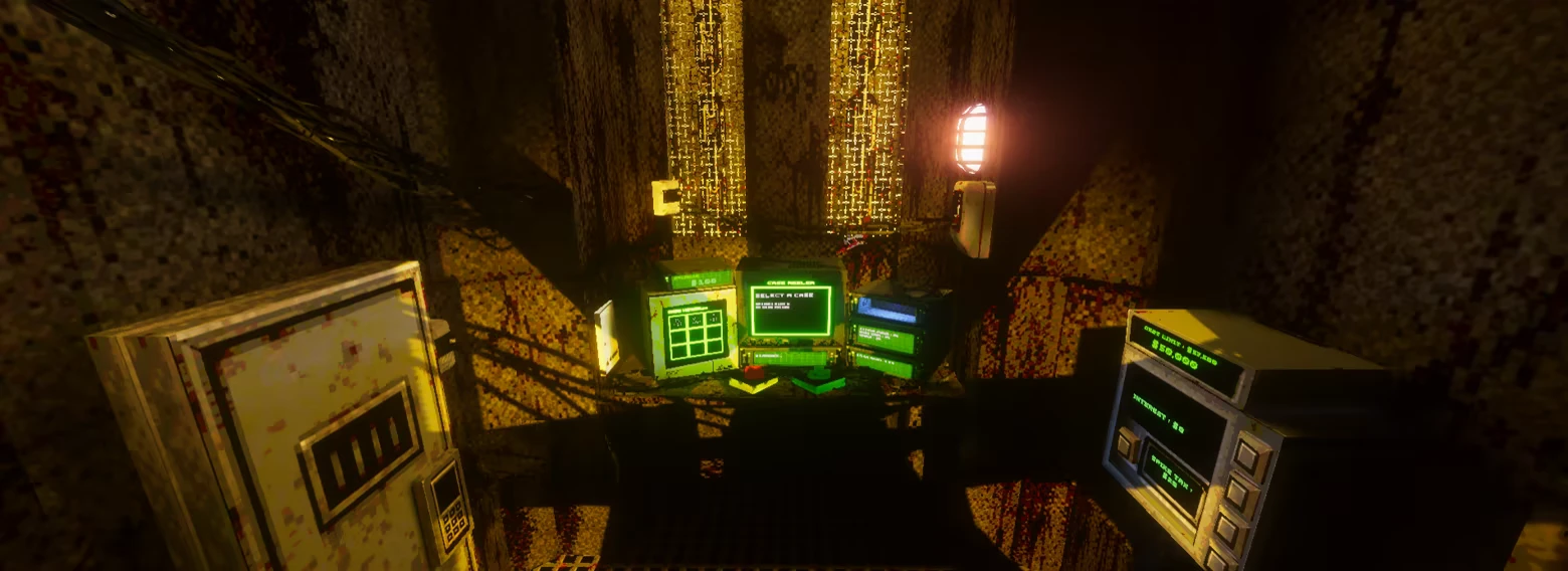 In that case...: Dim room with green CRT monitors, keypad door, and wall safe display.