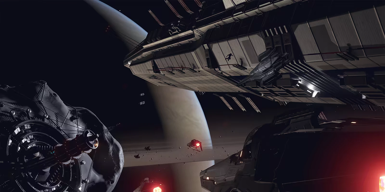 Saturn Combat Scene – In The Black In The Black: Large spaceship near Saturn, asteroid with structures, smaller ships with red lights.