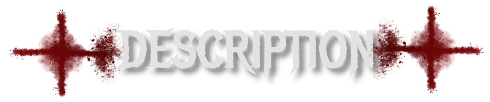 In Vino Veritas: White jagged “DESCRIPTION” text on black with red blood splatters.