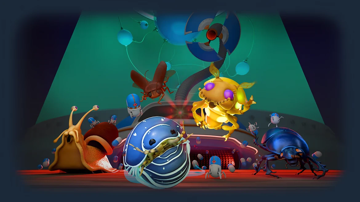 Incredibug: Pill bug, beetle, slug, and glowing insect face tiny blue robots in lab scene.