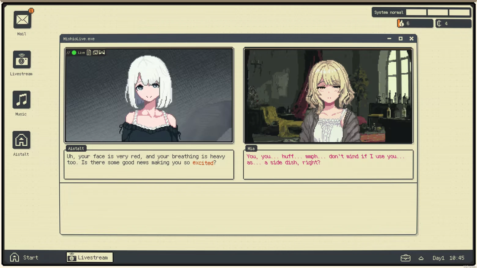 Livestream Chat – Infant God Infant God: Split-screen chat with white-haired Aistalt and blonde Mia, dialogue boxes below.