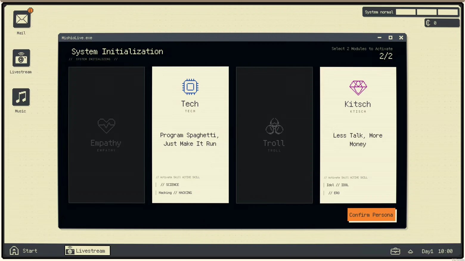 Persona Selection – Infant God Infant God: System Initialization screen with Tech and Kitsch cards selected, 2/2.