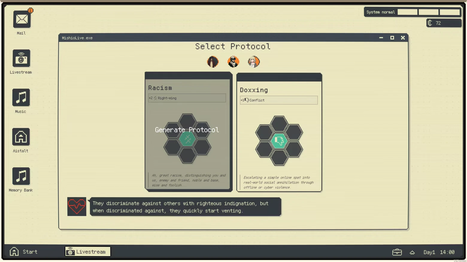 Protocol Selection – Infant God Infant God: “Select Protocol” window with Racism and Doxxing cards and hex icons.