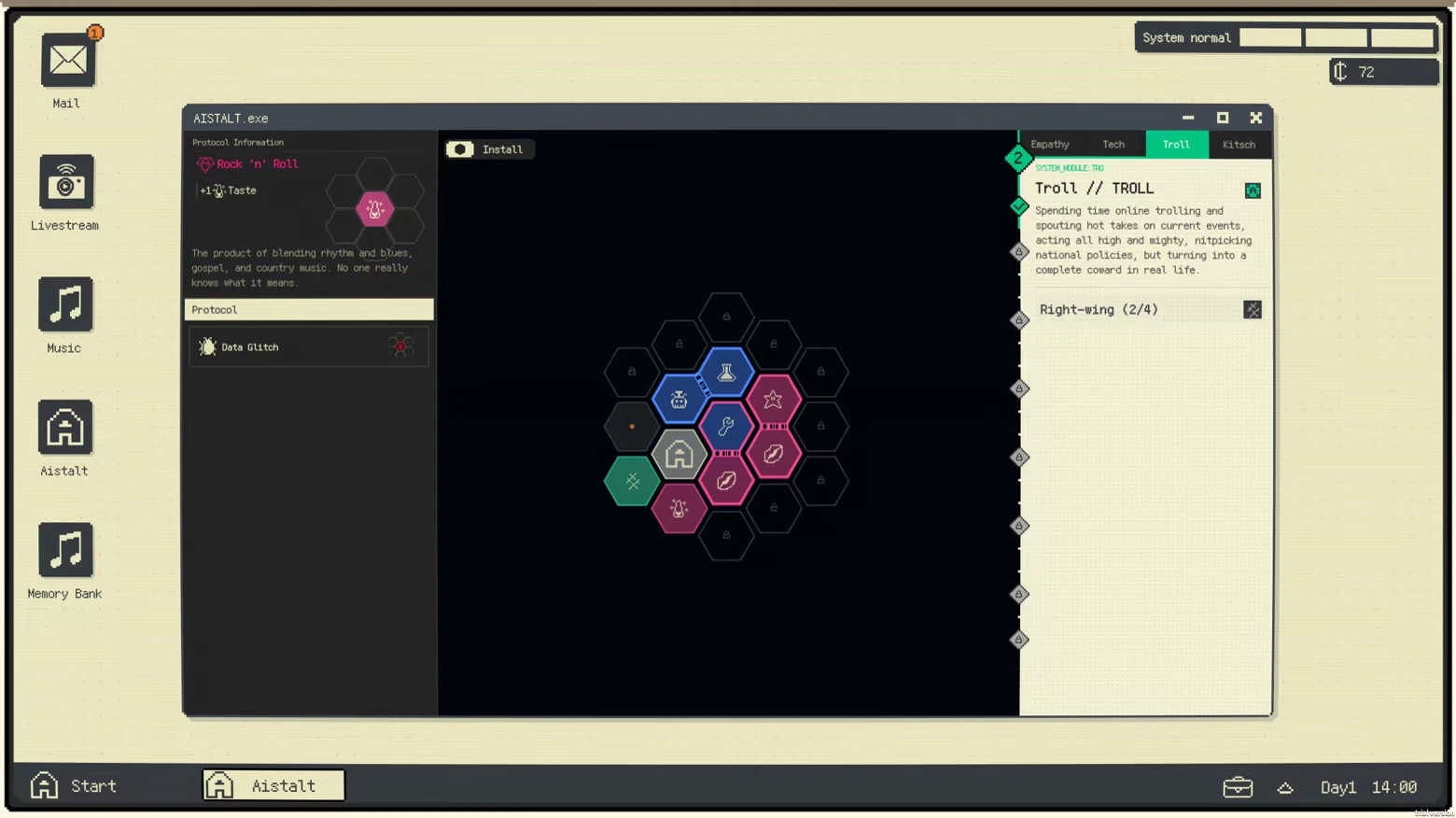 Troll Module Install – Infant God Infant God: AISTALT.exe window with hex grid, “Troll // TROLL” panel, sidebar icons.