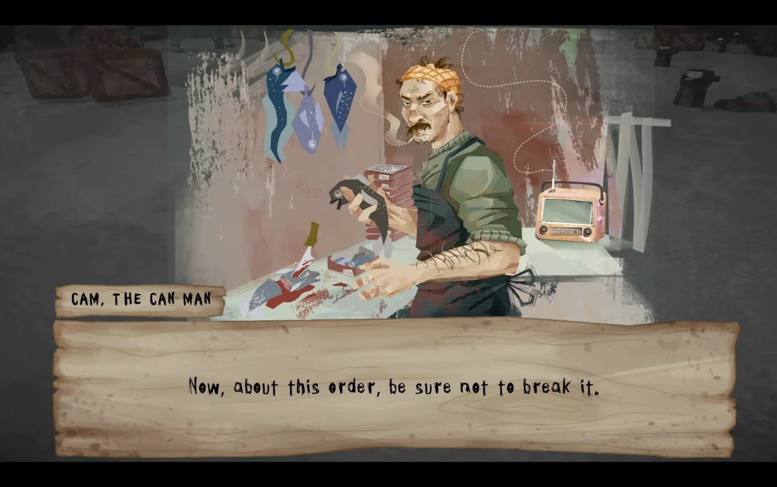 Can Man Dialogue – Infernal Logistics Infernal Logistics: Dialogue scene with “CAM, THE CAN MAN” and man holding fish by radio.