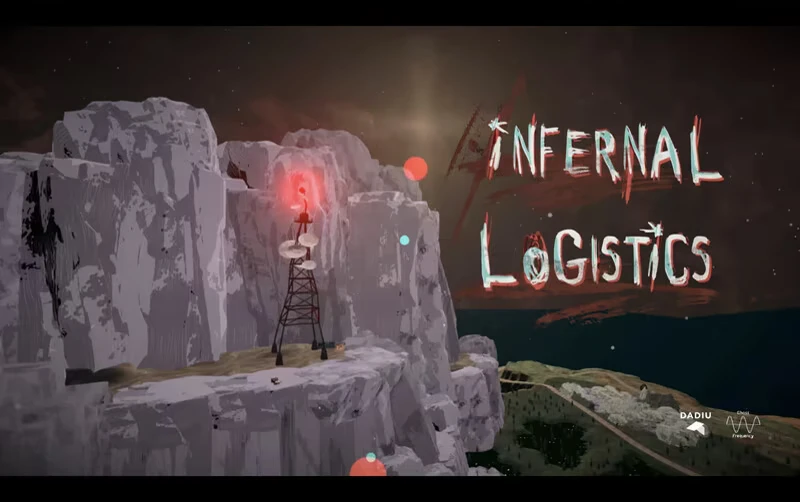 Clifftop Radio Tower – Infernal Logistics Infernal Logistics: Cliffside radio tower with red beacon beside jagged title text.