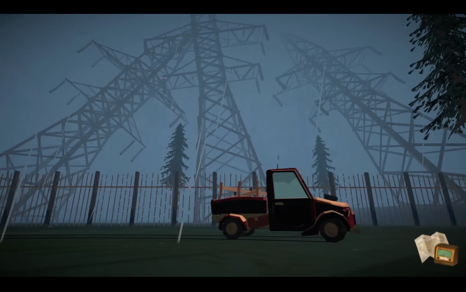 Powerline Yard – Infernal Logistics Infernal Logistics: Red pickup by fence under foggy power pylons, map and radio UI icon.