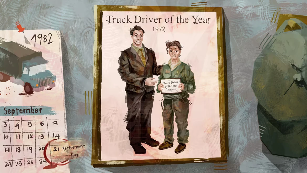 Truck Driver Award – Infernal Logistics Infernal Logistics: Framed “Truck Driver of the Year 1972” photo beside 1982 calendar page.